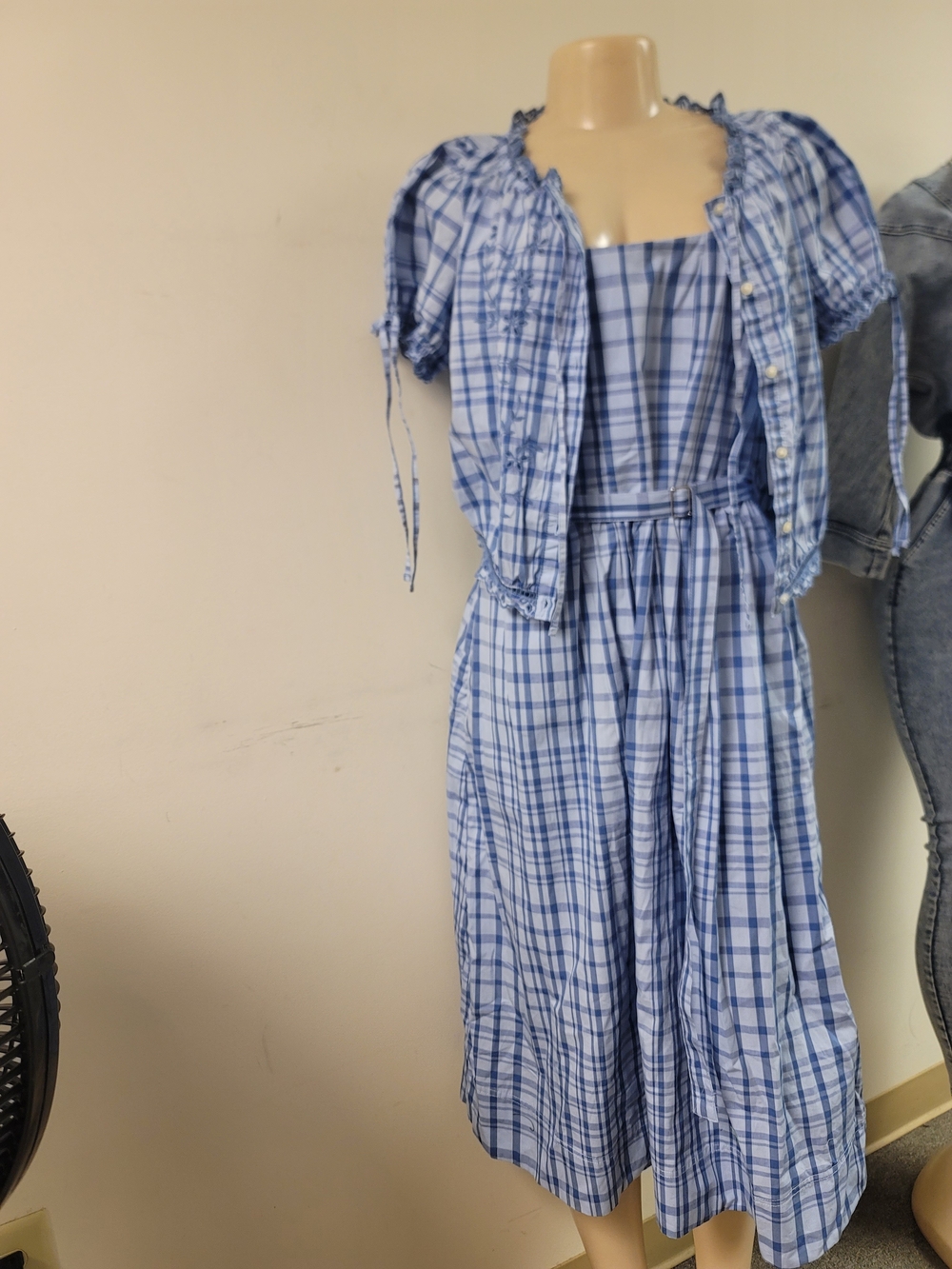 Blue Plaid Midi Dress with Matching Short-Sleeve Jacket
